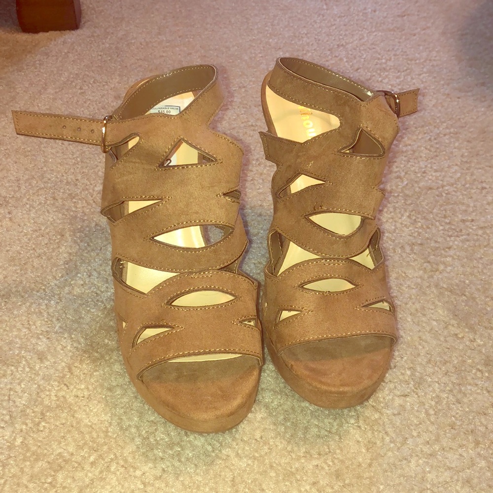Wedge Strappy Heels - Tan Suede
